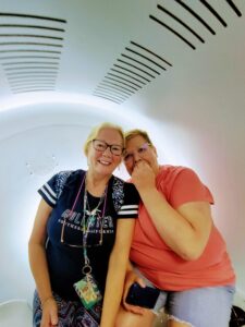 Sherry and Diane in the pod, preparing to go to the top of the Gateway Arch